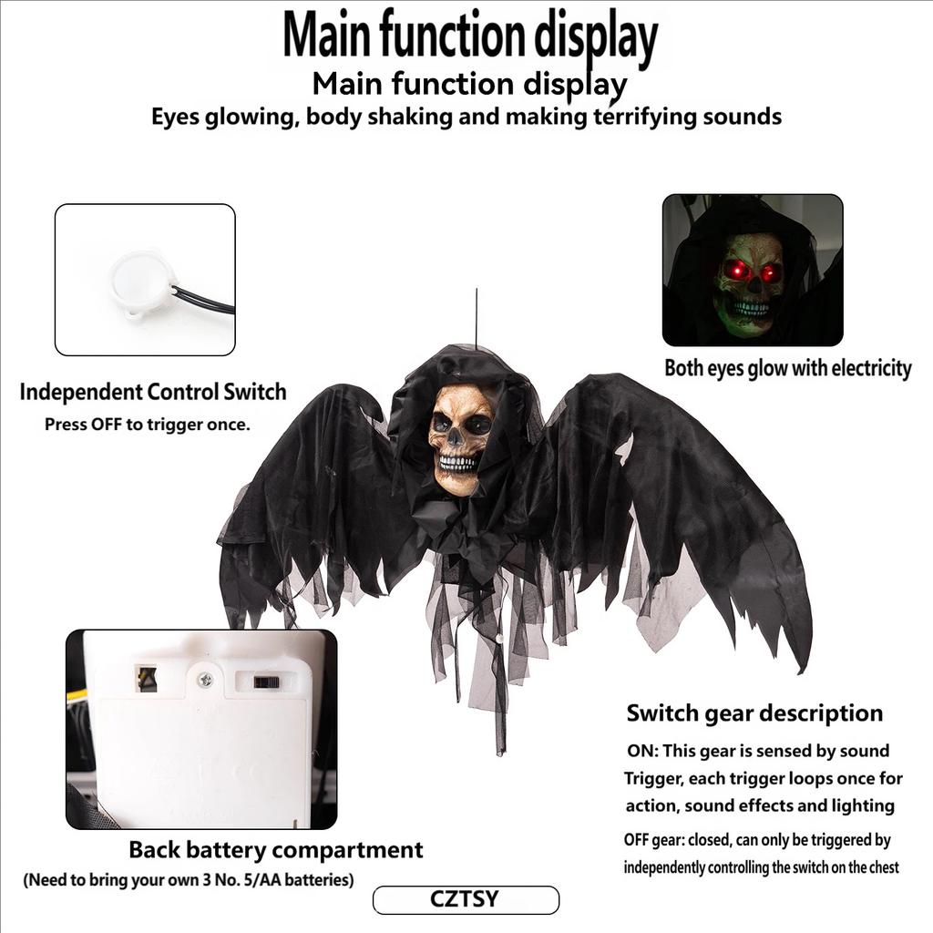 CZTSY Halloween Glowing Black Wing Bat Skeleton Reaper Pendant Sound Activated Decoration Electric Induction Luminous Atmosphere