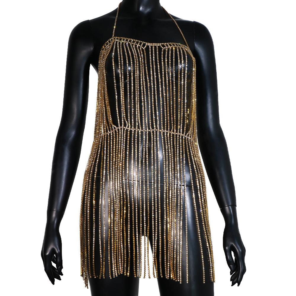 Dropshipping Sexy Club Nightclub Party Dance Crystal Bling Rhinestone Chain Tassel Halter Body Chain Dress Set