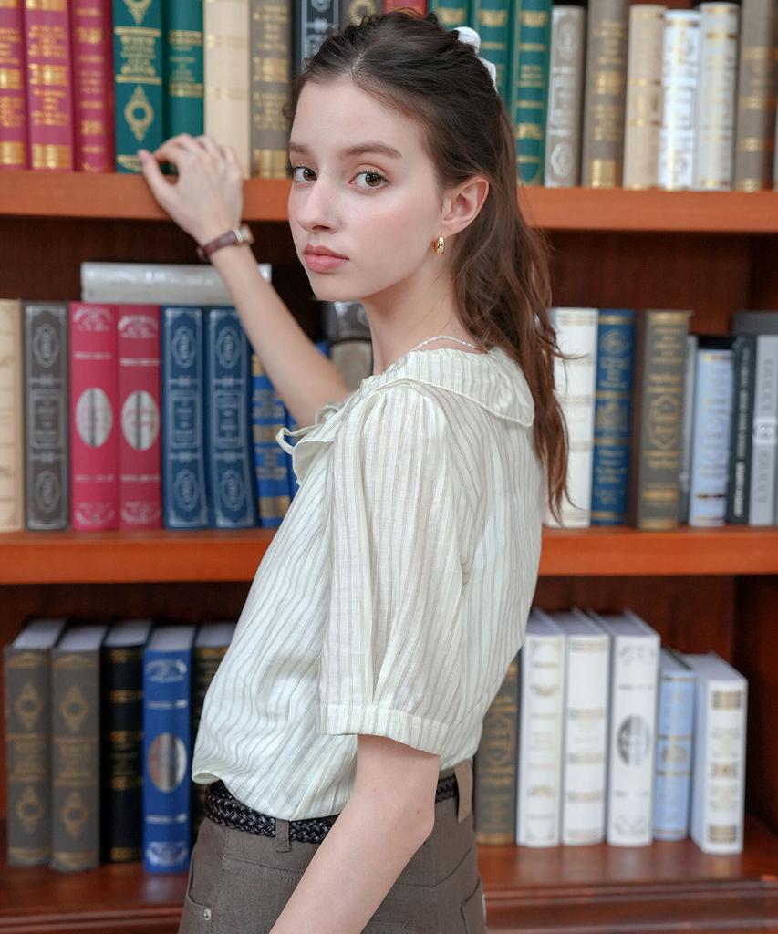 PIGMENT See-Through Neck Shirred Stripe Blouse (Kybl2604006)