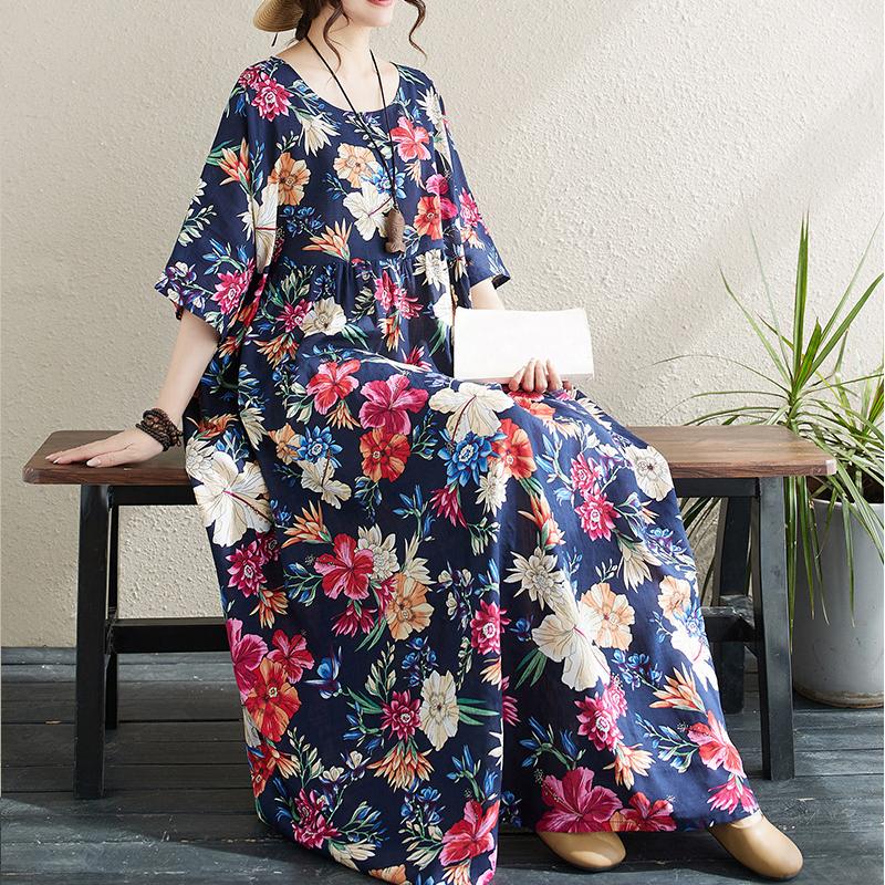 Johnature Simple Bohemian Dresses Women Summer O-neck Short Sleeve Floral Print Loose Navy Female Pockets Dresses