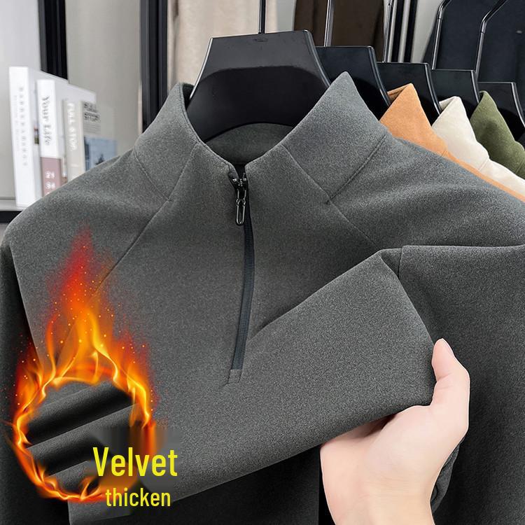 Men's Heavyweight Fleece-Lined Hoodie with Stand Collar, Half-Zip, and Thick Fabric; Solid Color Autumn/Winter Style.