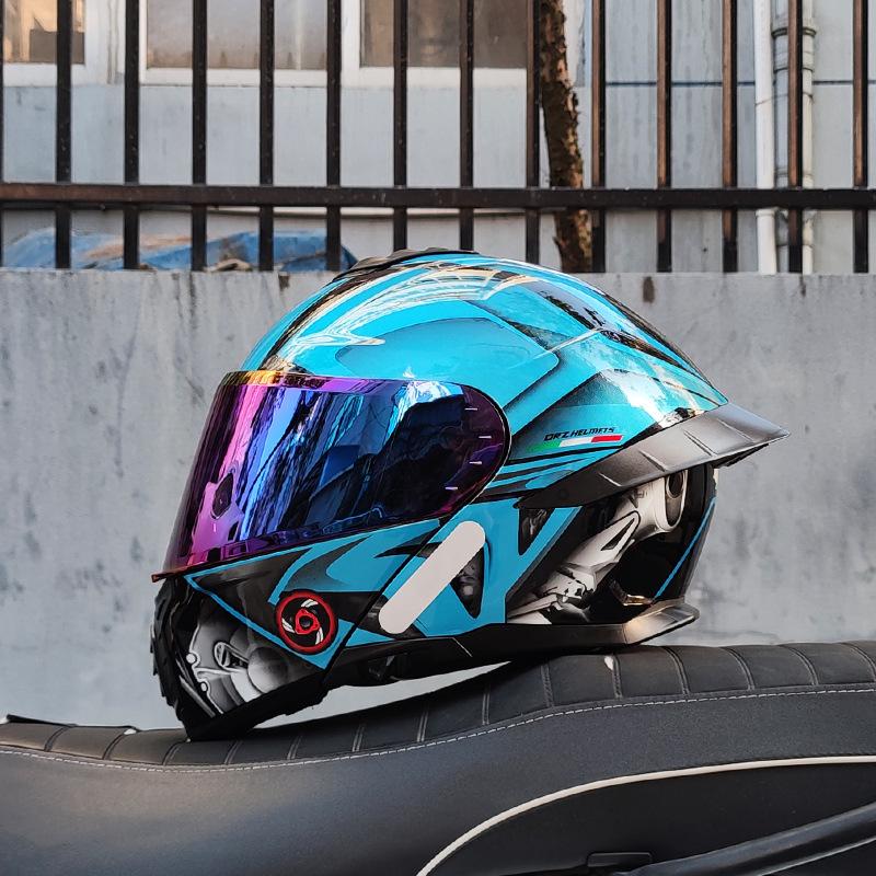 Motorcycle helmet Men's and women's face-off helmet Double mirror Winter tail semi-full cover Four Seasons Blue