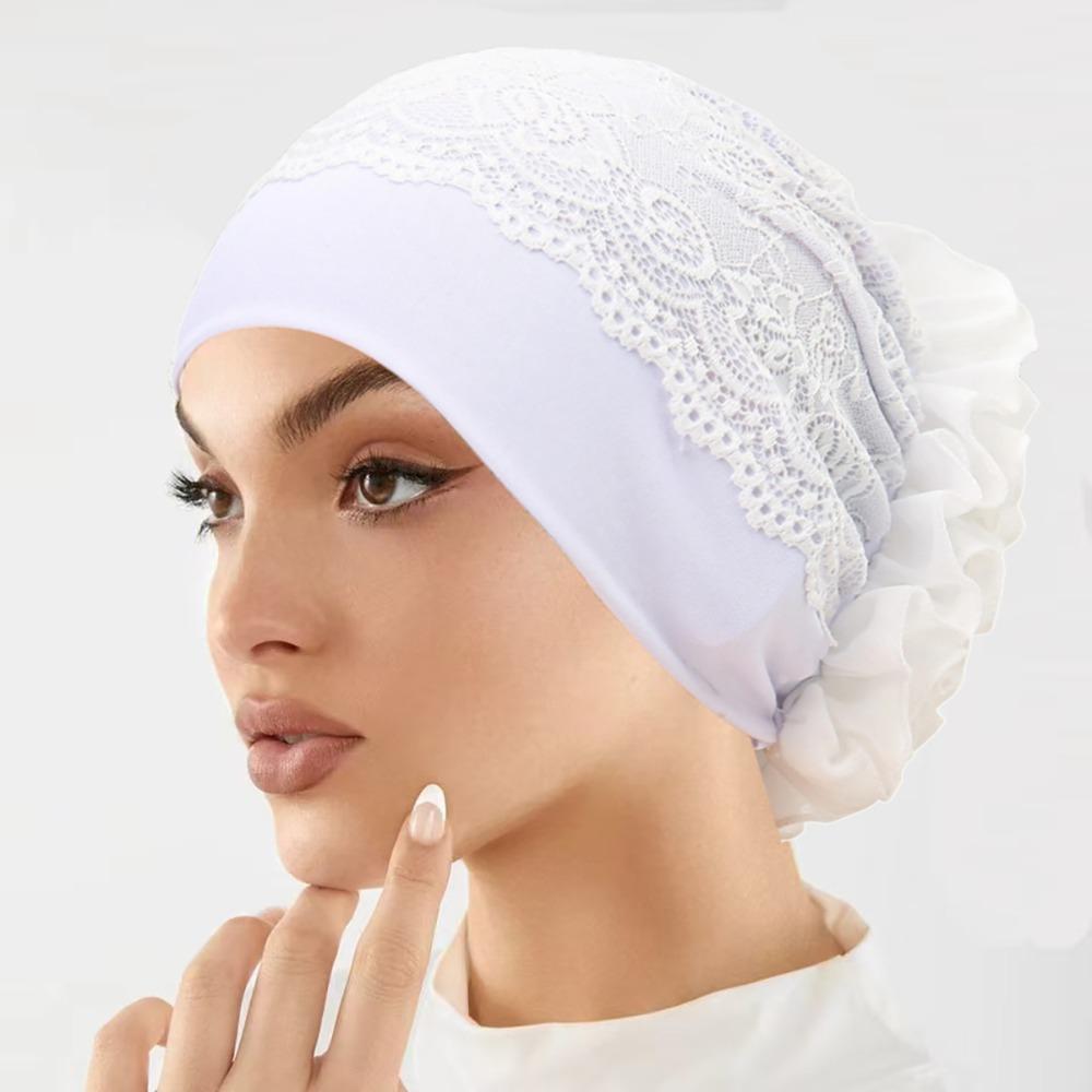 Elegant Headscarf Hat Lace Edge Women's Hijabs Flower Design Pullover Hat  Women Headwear