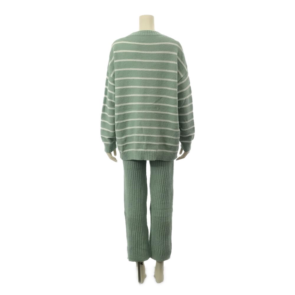 RAVIR Winter Fluffy and Cute Pajama Top and Striped Ribbed One Size Fits All Women's Loungewear, Set, Bottoms, Slits, Stress-Free, Comfortable, Knit,