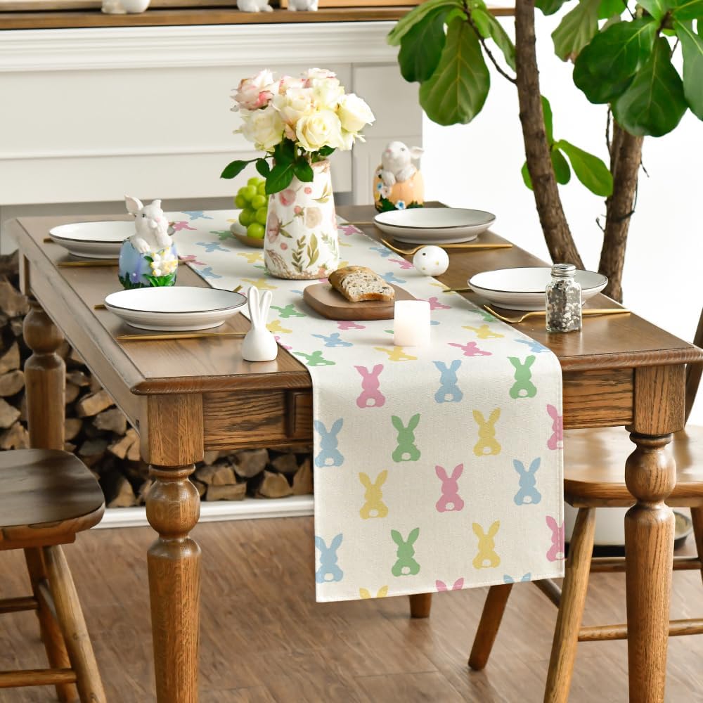 Artoid Mode Green Pink Bunny Rabbit Easter Table Runner, Spring Kitchen Dining Table Decoration for Home Party Decor 13x90 Inch