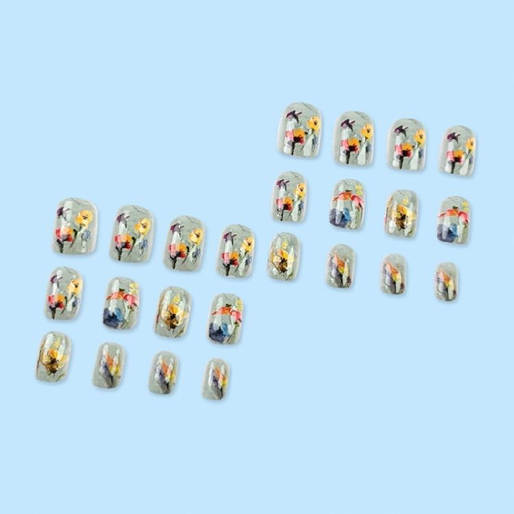 24 Stück Kurze quadratische Aufklebenägel 3D-Blumen Vollabdeckung Falsche Nägel Frühling Press-On Nägel Maniküre Zubehör für Frauen