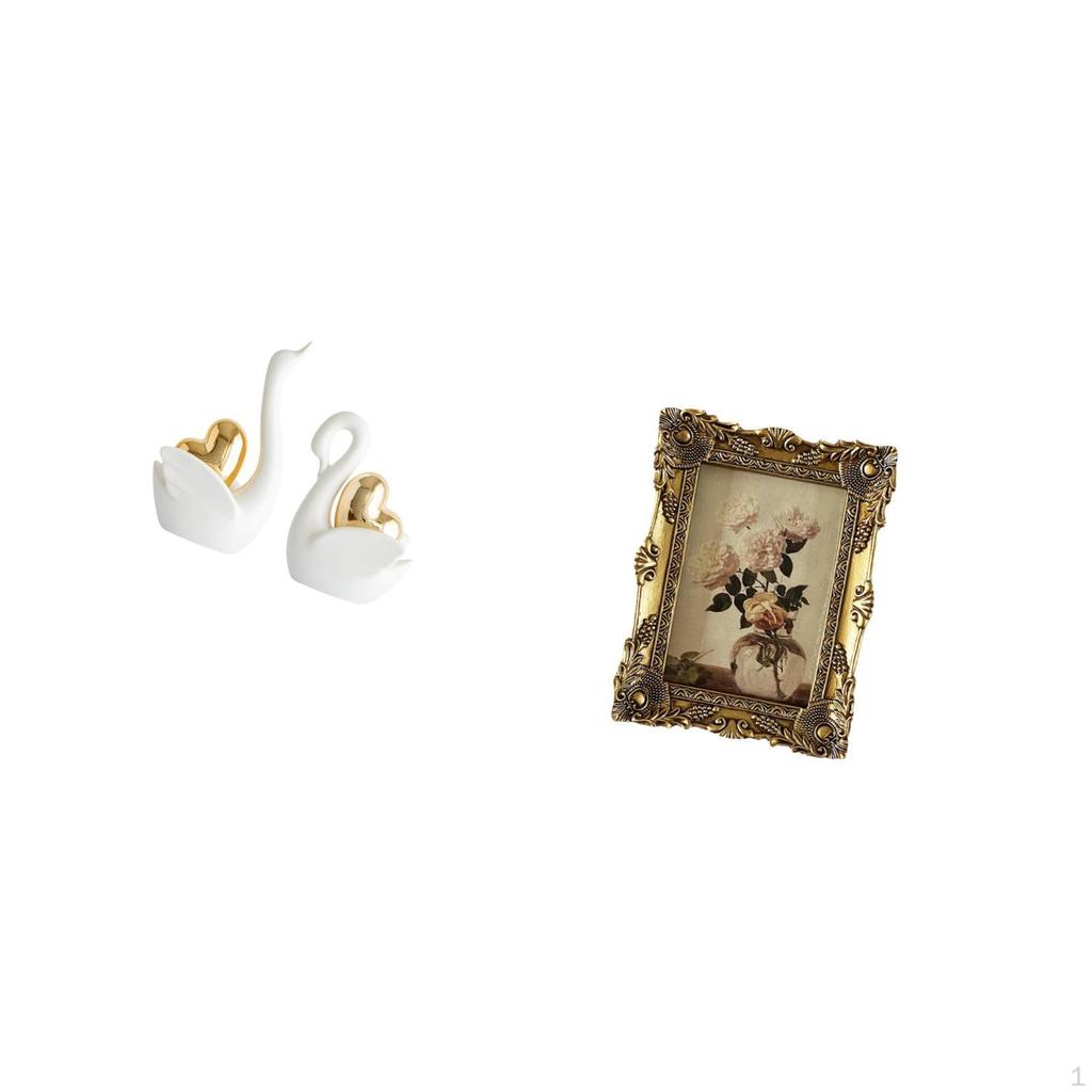 Elegant Swan Couple Figurines And Vintage Ornate Photo Frame Decorative Tabletop Art Crafts for