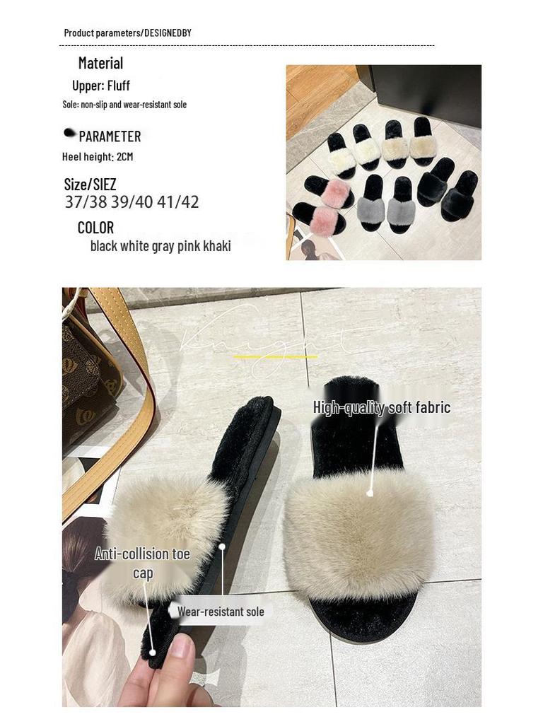 Dames Pluizige Konijnenbont Open Teen Pantoffels - Effen Kleur, Casual Huisstijl