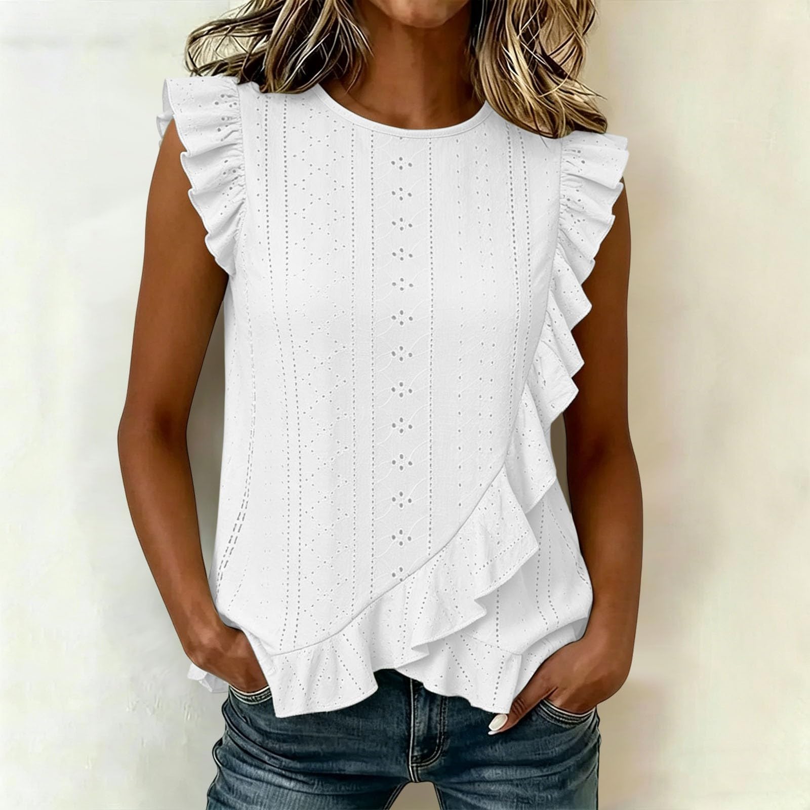

Women Casual Fashion Ruffle Sleeve Asymmetric Hem Top Lightweight Breathable Summer Blouse with Eyelet Pattern XL