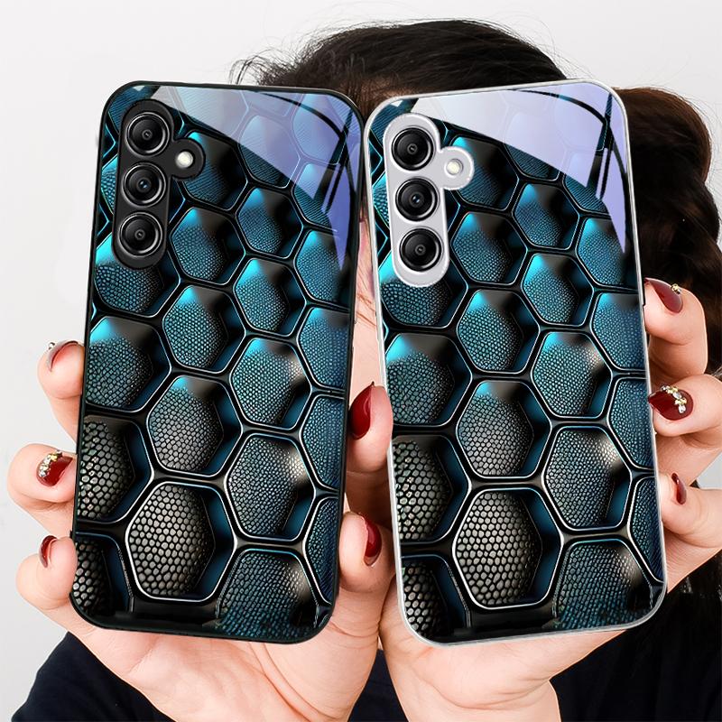 Blue Gradient Grid For Samsung Galaxy A01 02 03 Core A04 A14 4G A13 54 34 31 20 25 23 22 5G S21 Ultra S20 Glass Phone Case