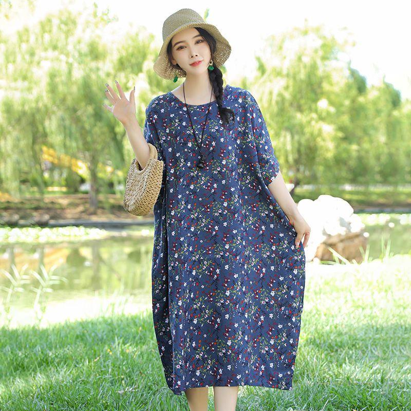 Blumendruck Kleid Damen Sommer Casual O-Ausschnitt Kurzarm Langes Kleid Böhmisches Strand Sommerkleid Vestidos