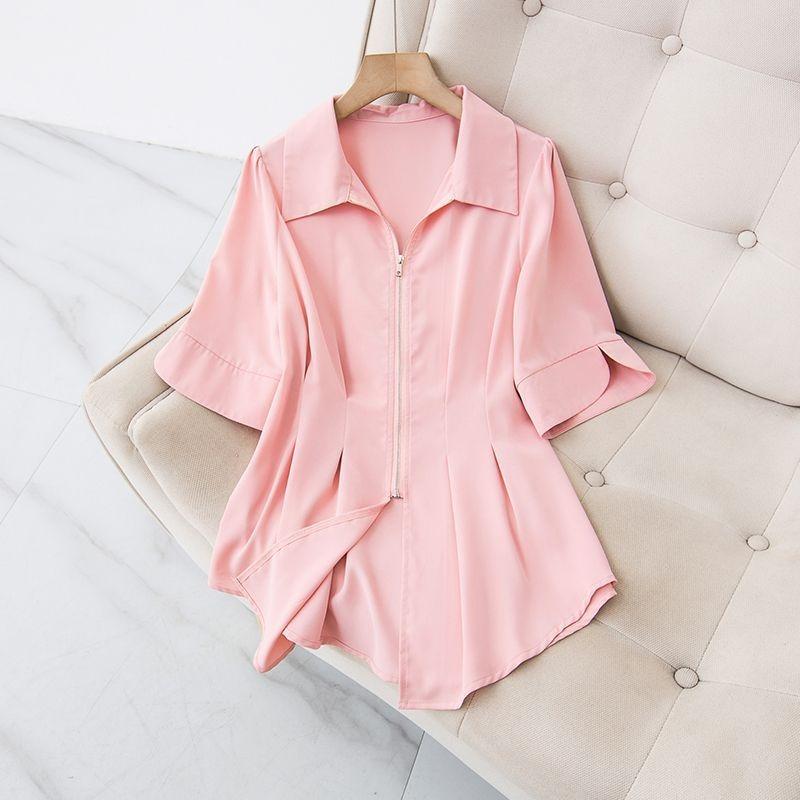 Ladies Irregular Zipper Short-sleeved Shirt Plus Size  Slim Waist Blouse
