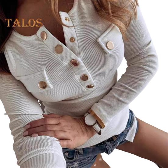 

Женские топы с круглым вырезом, пуговицами, полузастежкой, длинным рукавом, облегающие топы, однотонные, с фальшивыми карманами, блузка XL белый