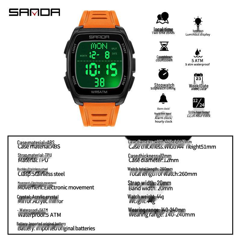 Sanda Trend Student Sports Electronic Watch: Luminous, Alarm, Dual Time, Waterproof, Chronograph