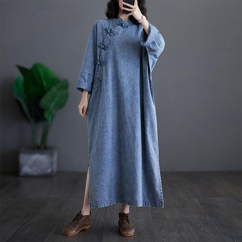 Spring Autumn Vintage Women Denim Dresses Vestidos Robe Elbise Loose Plus Size Fashion Long Sleeve Long Dress