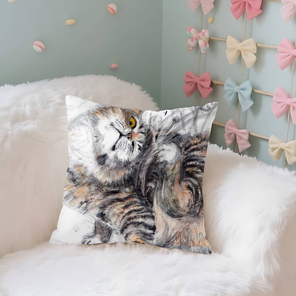 Whimsical Cat Art Case Plush Fabric Soft Pillowcase Double Sided Print Cushion Cover Household Gifts