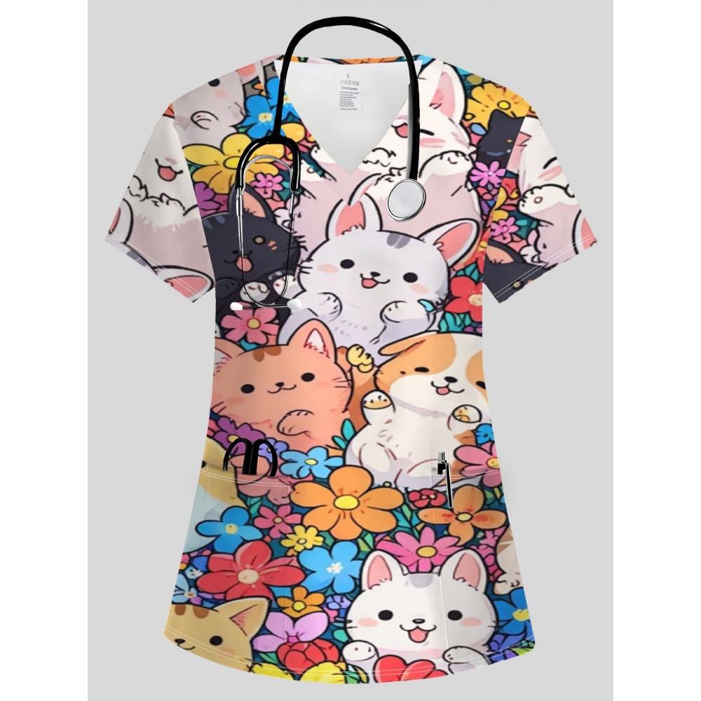 Summer Womens Fashion V-Neck Short Sleeve Uniform Pockets Tops Cute Cat Pattern Print Comfortable Vet Clinical Uniforms Woman