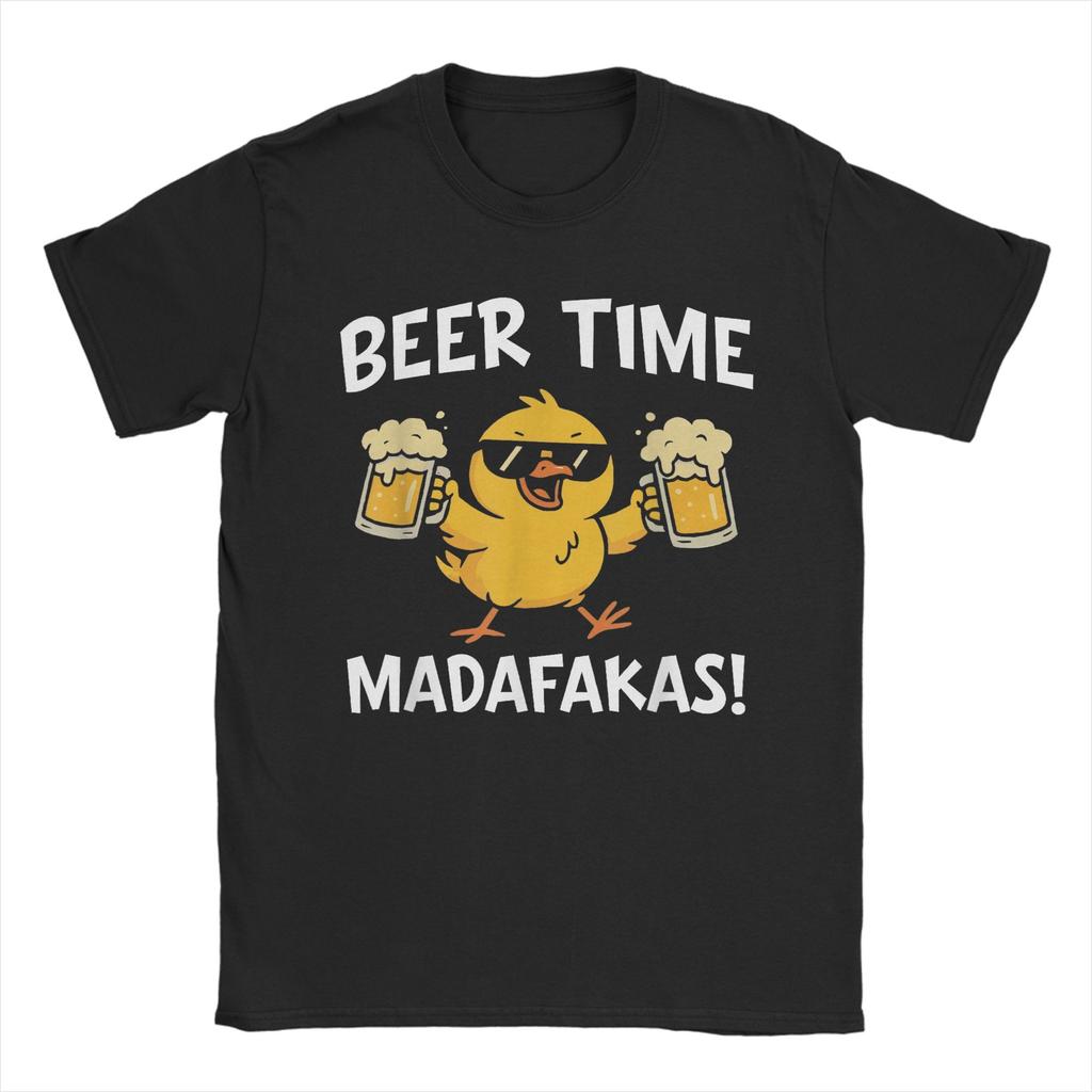 Funny Chicken Beer Time Madafakas Mens T Shirt  Amazing Tee Shirt Short Sleeve Crewneck TShirts Cotton Original Clothing