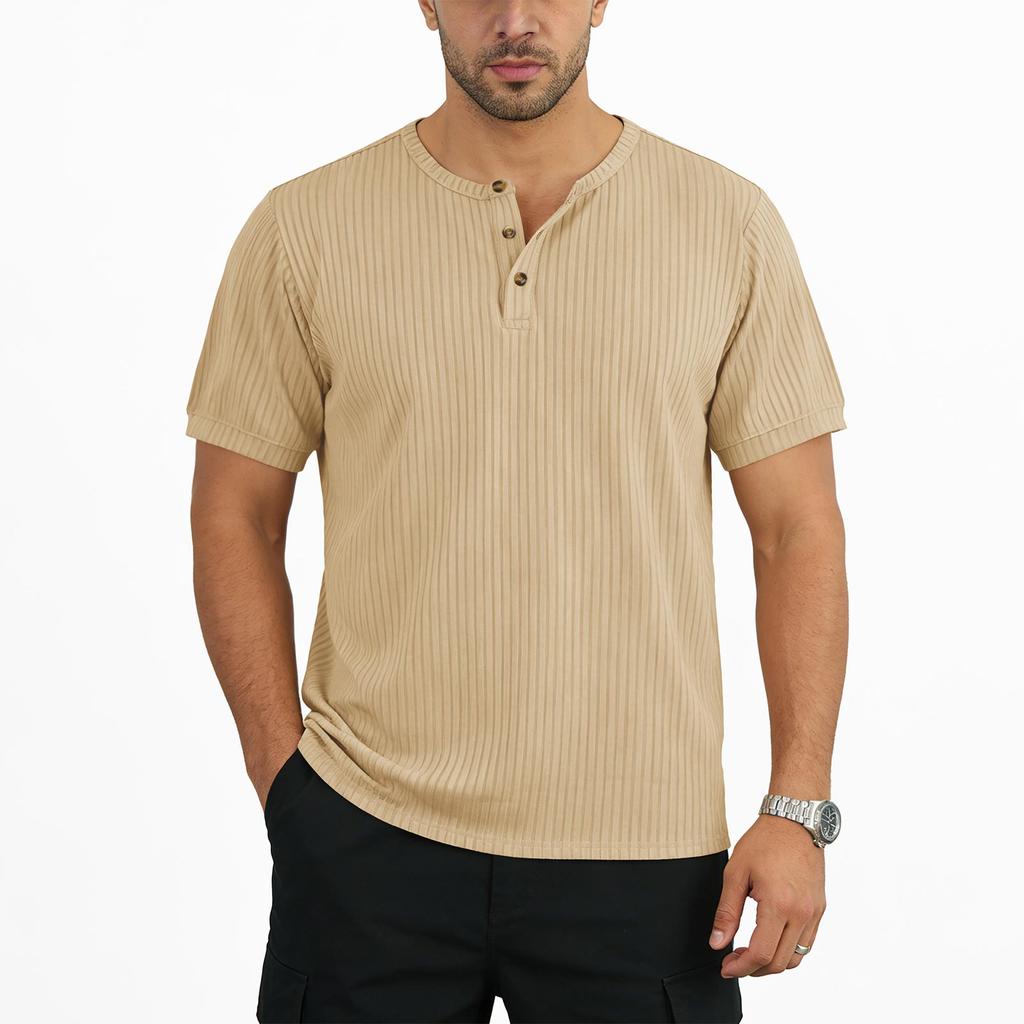 Men's Summer Short Sleeve Henley Shirt Ribbed Texture Button Front Casual Breathable Lightweight T-Shirt