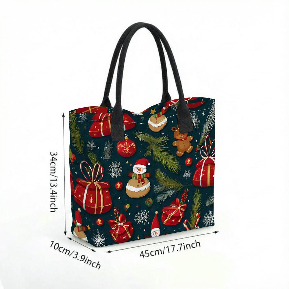 Christmas Print Tote Bag Large Capacity Casual Canvas Shopping Handbag for Holiday Use