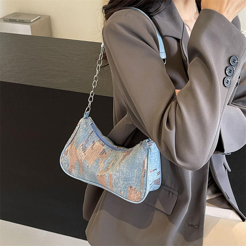 Bag Women's 2025 New Niche Design Sense Underarm Bag Women's Premium Sense Versatile Tie-dye Denim Bead Shoulder Bag