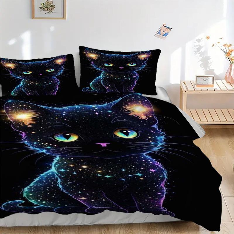 3pcs Galaxy Cat Bedding Set - Includes One Quilt Cover and Two Pillowcases (No Core) - Home Decor, Festival Gift, Polyester Fabric, Anime Ca