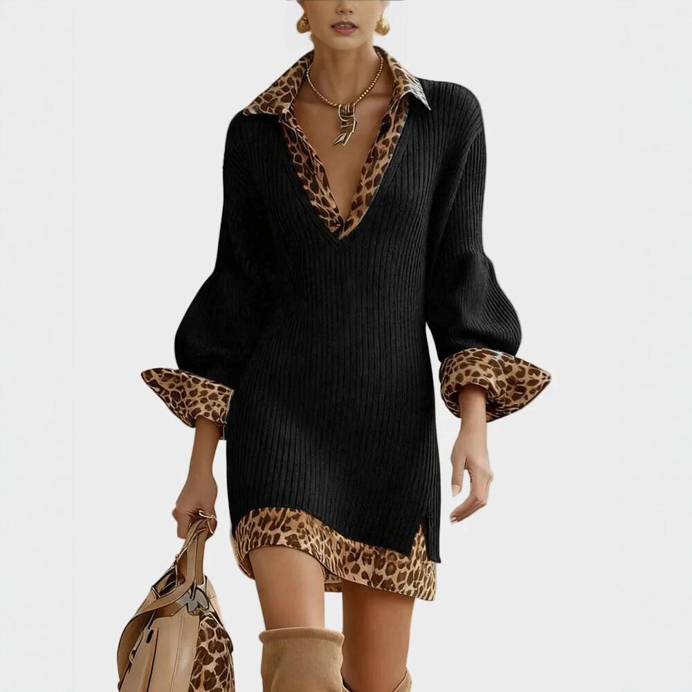 European and American Women's Clothing New V-neck Leopard Print Splicing Knitted Dress Women's Loose Casual Fashion Short Skirt