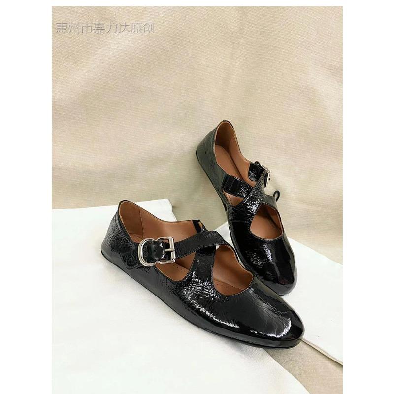 Sheepskin Silver Leather Cross-buckle with Round Head Retro Mary Jane Shoes Women's Soft-soled Ballet Shoes Women's Flat Shoes