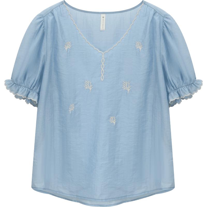 Mixiu Women s Blue Coral Embroidered V-Neck Puff Sleeve Tencel Blouse S