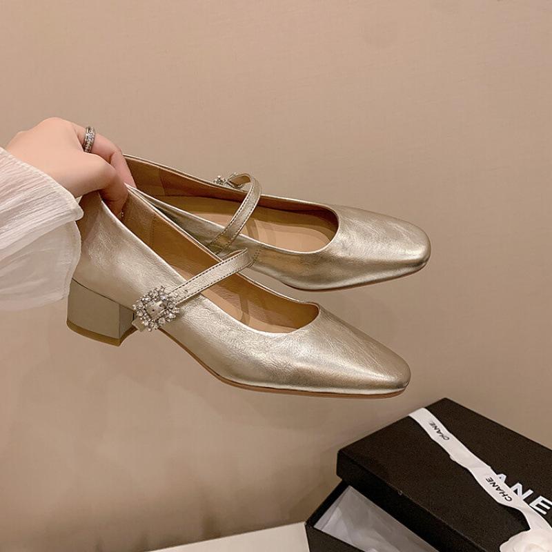 New fashion medium heel single shoes women's round head solid color casual soft sole large size shoes non-slip beef tendon sole four seasons small