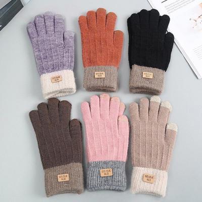 1 Pair Unisex Winter Gloves Knitted Thick Warm Color Matching Touch Screen Anti-slip Elastic Soft Warm Thick Plush Cycling Riding Gloves