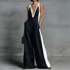 European and American Summer New Fashion Women's Clothing V-neck Sleeveless Contrasting Color Suspender Wide-leg Jumpsuit