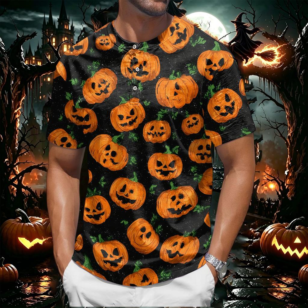Men's Halloween Spider Web Print Short Sleeve Henley Shirt Casual Round Neck Button Front Top