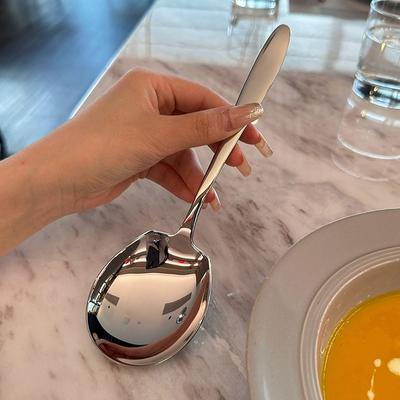 Modern and Elegant Stainless Steel Big Head Round Spoon with Long Handle for Stirring and Serving