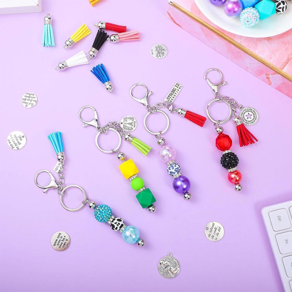Set of 60 Customizable Keychain Set Motivational Keyring Accessories with Silver Blank Beads and Leather Tassels