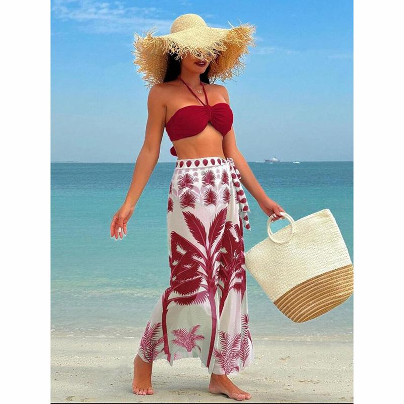 

Комплекты бикини из 3 предметов, сексуальные купальники, накидки, женские праздничные купальники, высокие вырезы, пляжная одежда XL красный