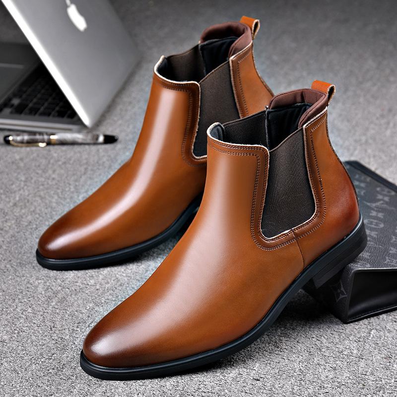 Chelsea Pointed Toe Leather Boots: Fashionable Slip-on, Korean & British Style Business Men's Plus Size Shoes.