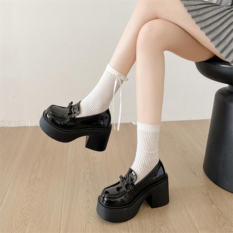 Black British style platform thick high-heeled small leather shoes women's 2025 new autumn skirt retro heightening loafers
