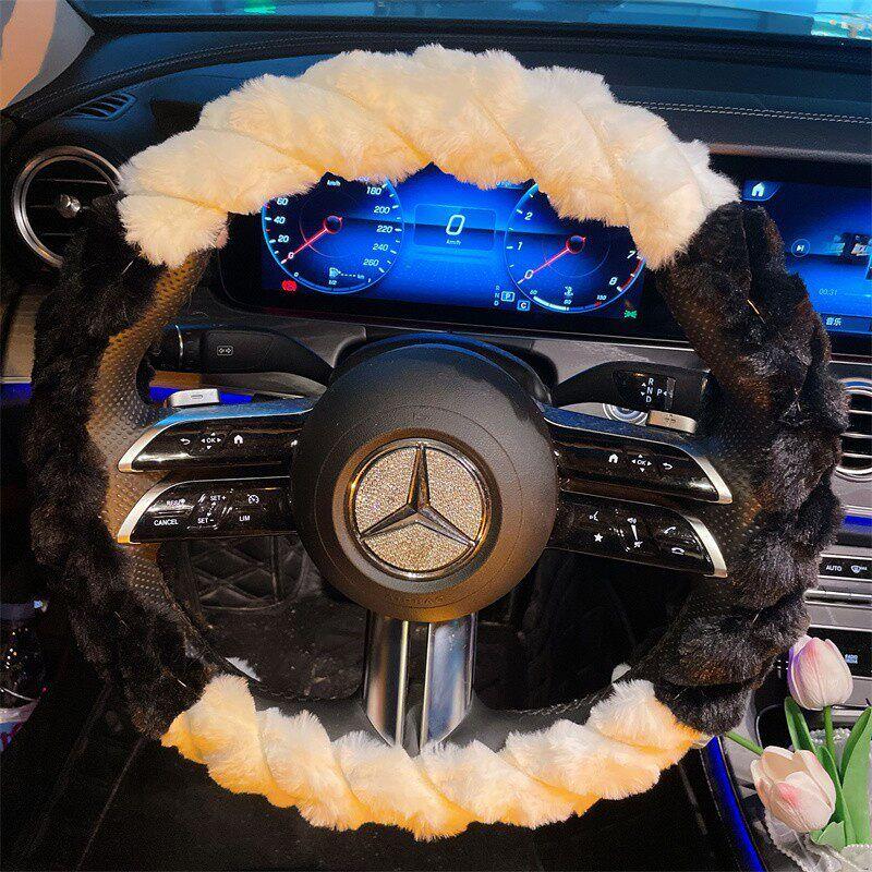 

2024 New High-End Plush Soft and Warm Car Steering Wheel Cover, Cute Goddess Car Interior Decoration Handle Cover Long-Haired Puff Black and White