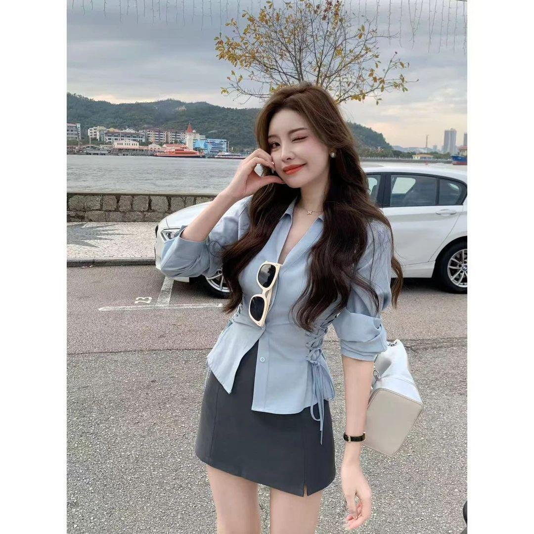 

2026 Autumn Korean Slim Fit Lapel Shirt: Stylish Waist-Cinching Long Sleeve Top for Women S (for 80-95 kg)