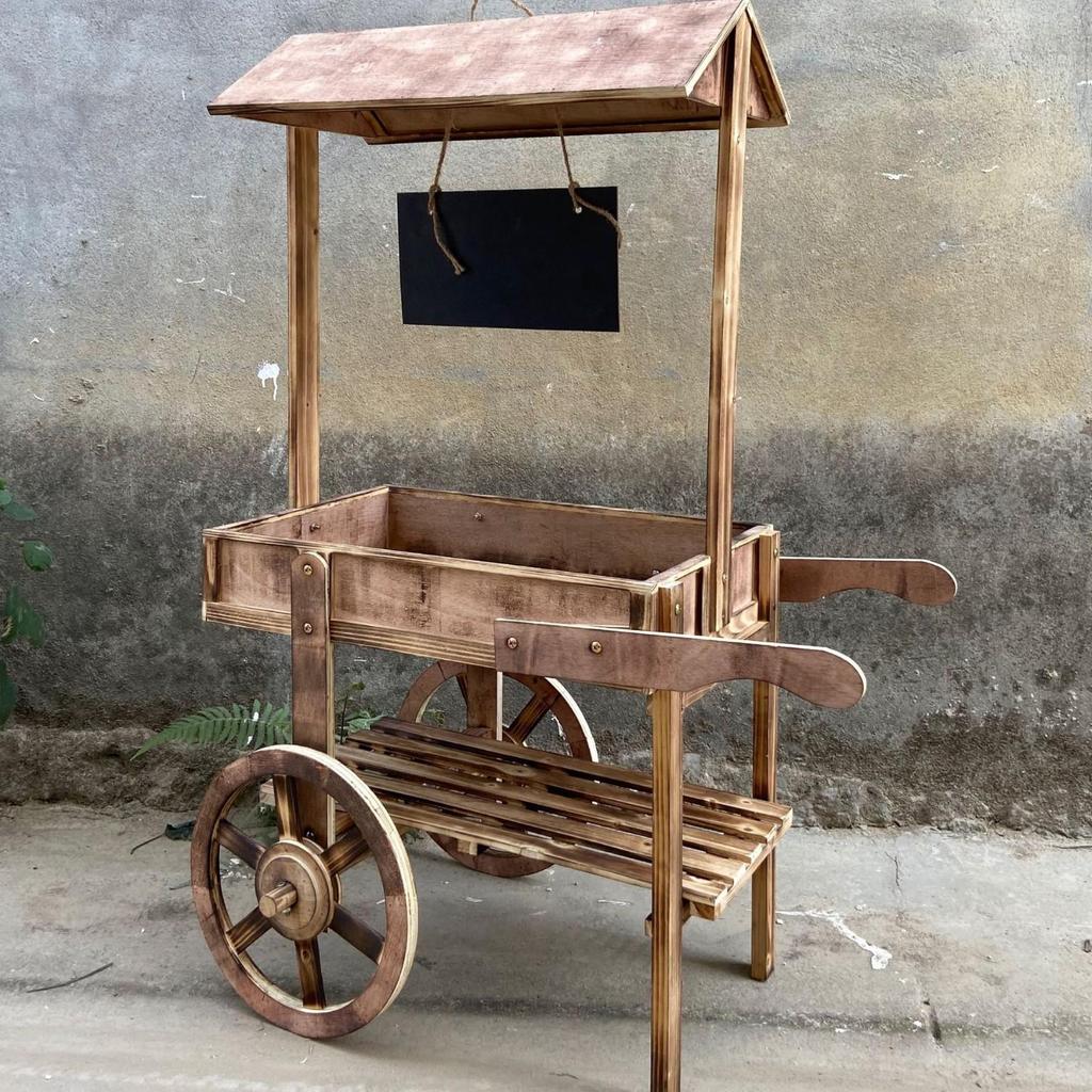 Home Decor Wood Handcart Flower Stand Display Rack for Balcony & Cafe