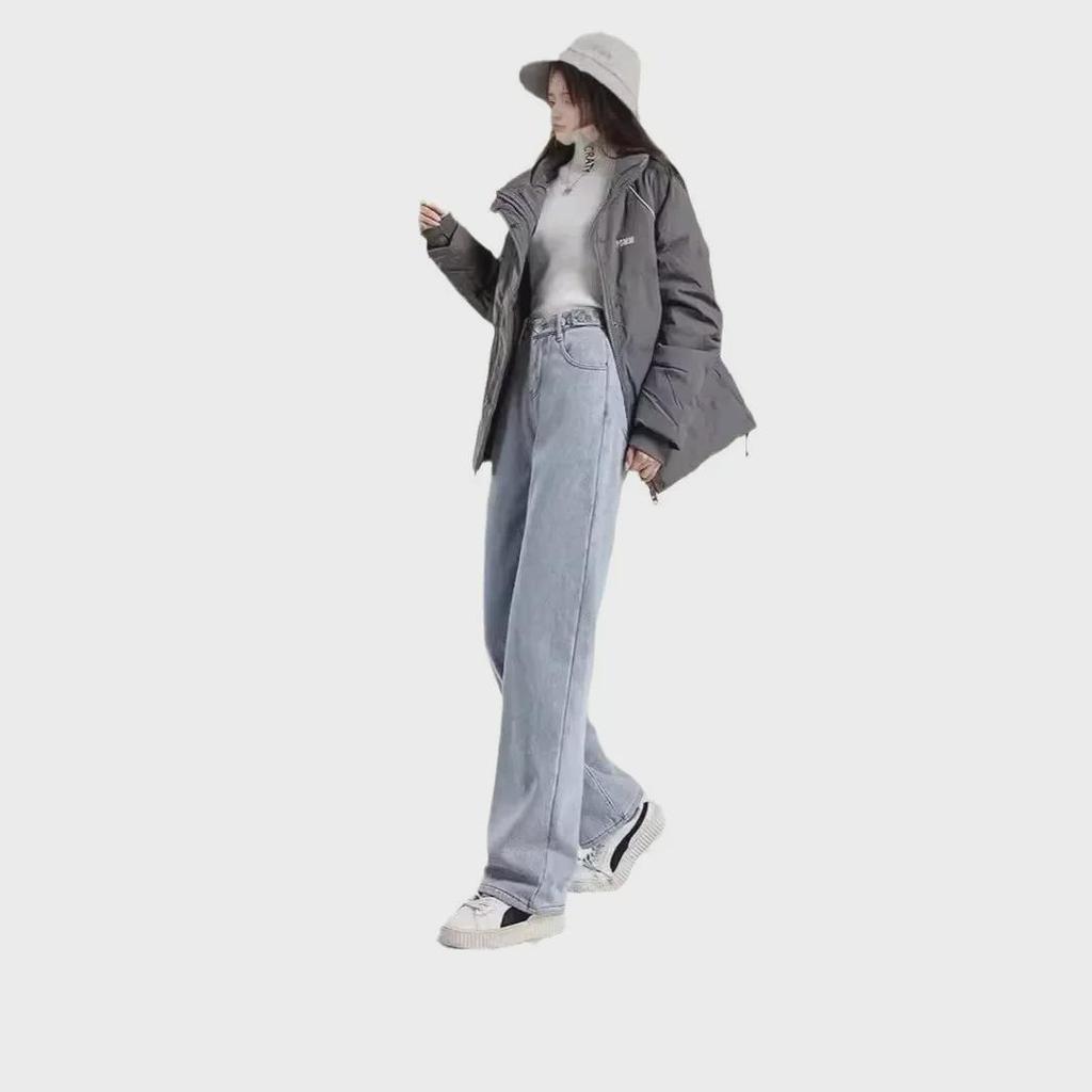 Women's Plush High-Waist Wide-Leg Jeans - Slim, Warm, All-Match Loose Straight Fit for Autumn/Winter