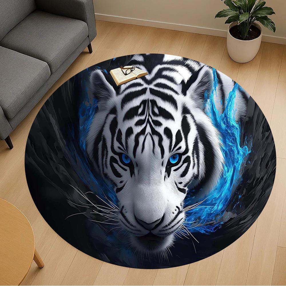 1PC White Tiger Blue Eyes Round Chair mat Area Rug - Non-Slip, Floor Mat for Office, Bedroom, home decor Christmas Gift c0528138