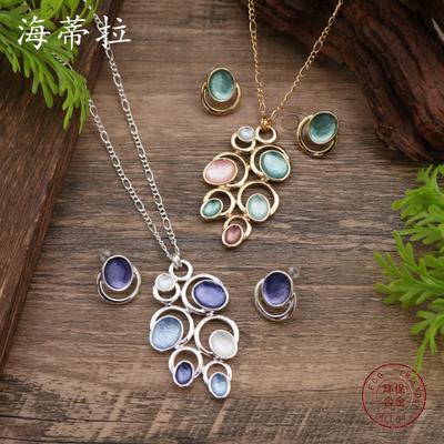 New Enamel Geometric Petal Stud Earrings Pendant Set, Women's Fashion High-end Flower Necklace