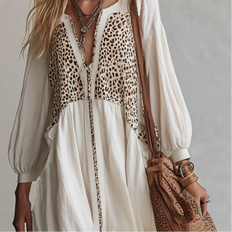 Vintage Bohemian White Leopard Print Long Sleeve Maxi Dress Loose Fit