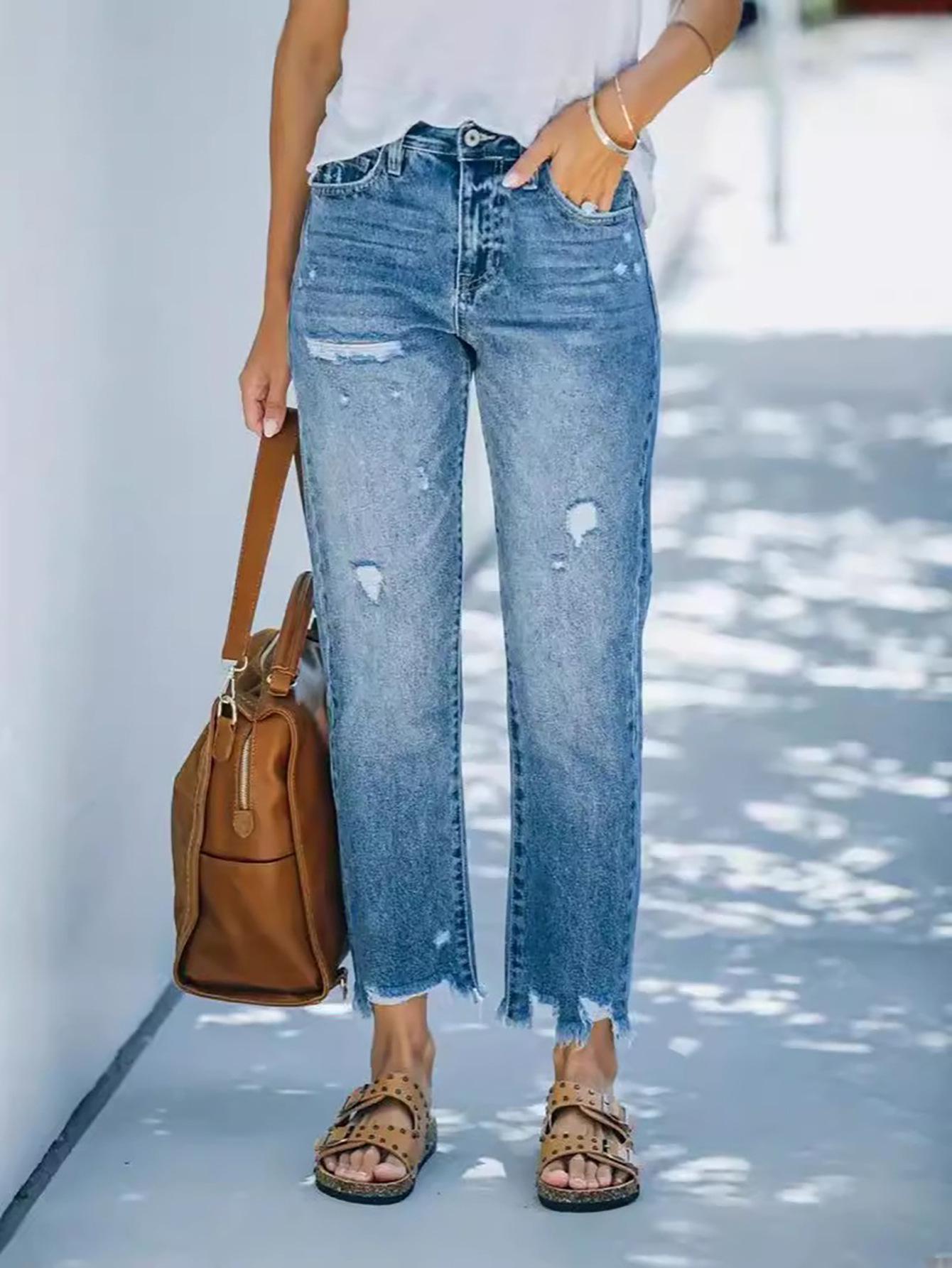 

2025 Женские рваные повседневные джинсы-дудочки длиной до щиколотки XS синий