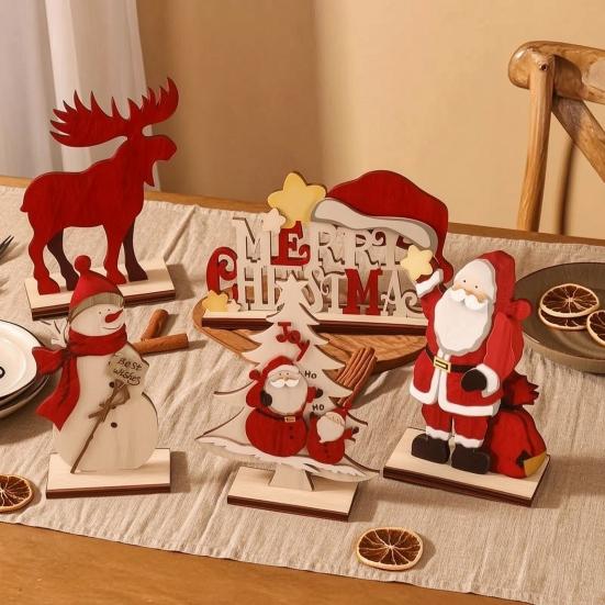 Elk Tabletop Decorations Nordic Christmas Ornaments, Wood Reindeer Santa Claus Snowman Figurine, Small Shelf Rustic Desktop Decoration for Holiday