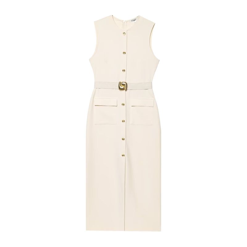 

Kaslead New Women clothes Western Style With Belt Crepe Sleeveless round Neck Midi Dress 3897054 Milky White L