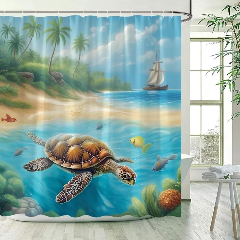Ocean Sea Turtle Shower Curtains Island Coconut Trees Starfish Oil Painting Art Landscape Polyester Bathroom Curtain Decor .