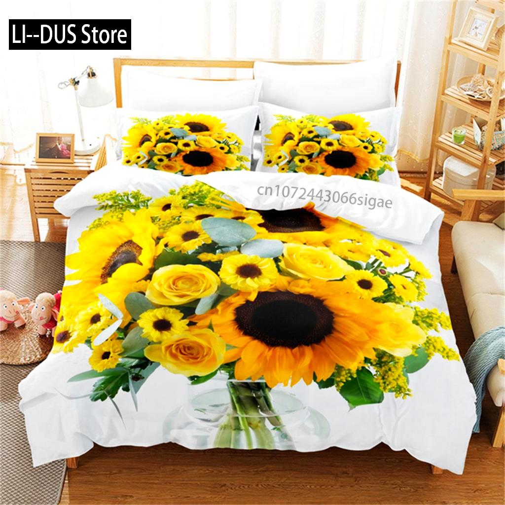 Sonnenblumen Bettwäsche Set Gelb Pflanze Blumen Bettbezug Botanische Landschaft Steppdeckenbezug Mädchen Frauen Schlafzimmer Wunderschöne Dekorationen